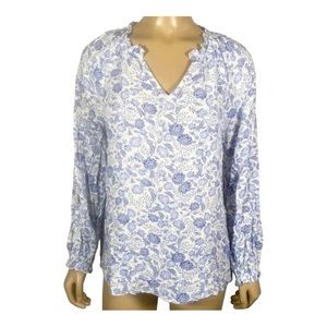 Old Navy Long Sleeve Blue White Floral Pullover Blouse Top Size L  V-Neck